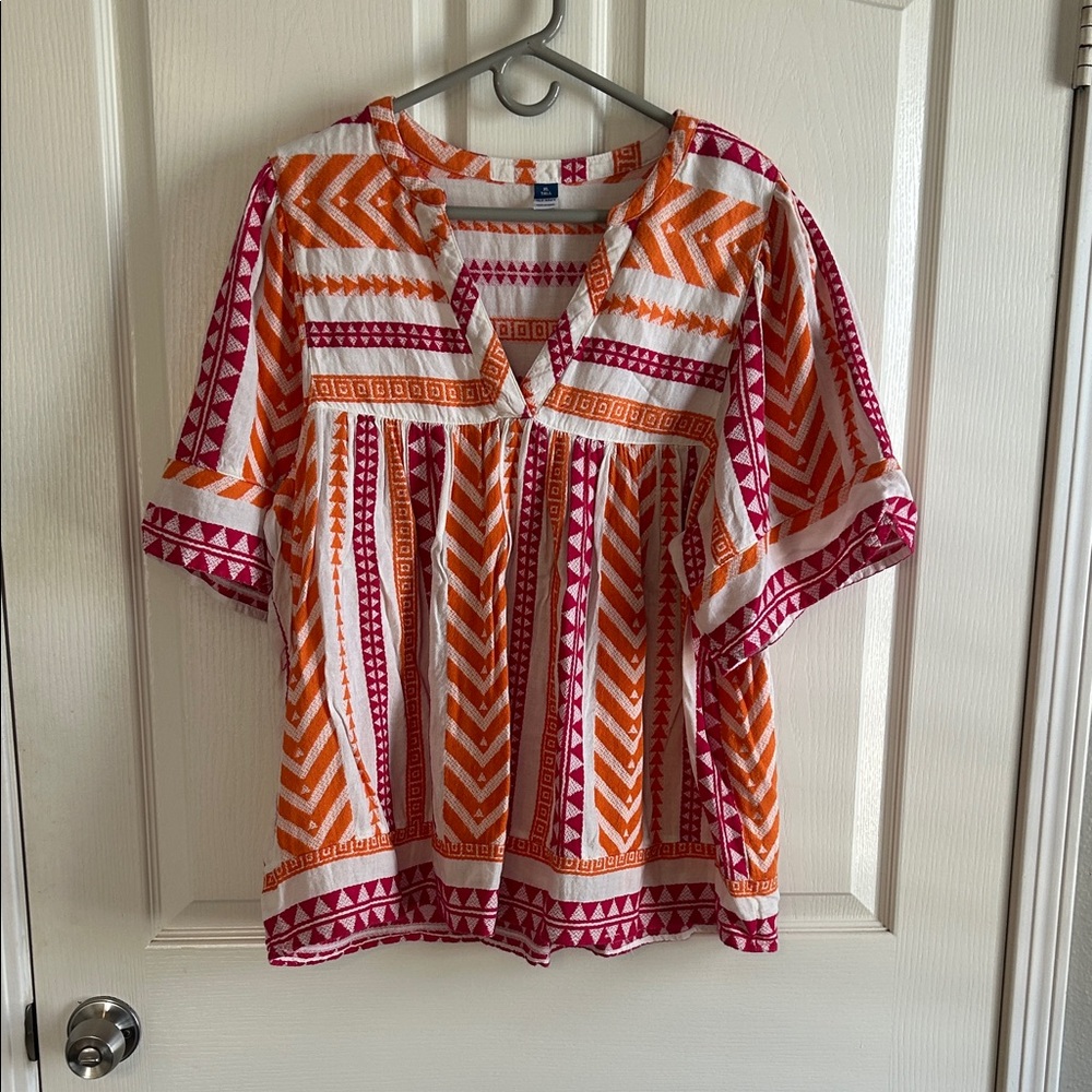 Old Navy Red and Orange Geometric Blouse